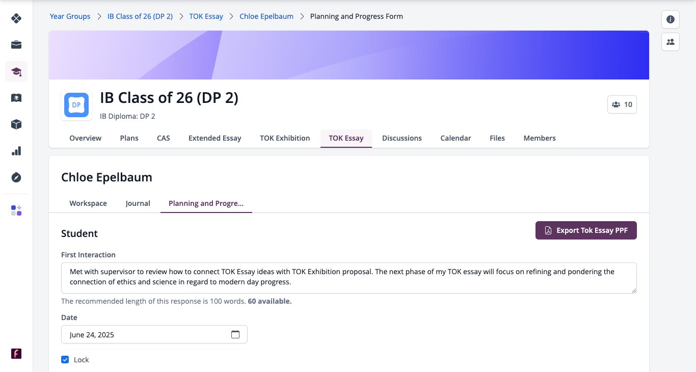 Screenshot: Student TOK Essay Planning and Progress Form with Export Tok Essay PPF
