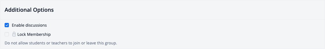 屏幕截图：添加新群组的附加选项，包括启用讨论和锁定成员资格