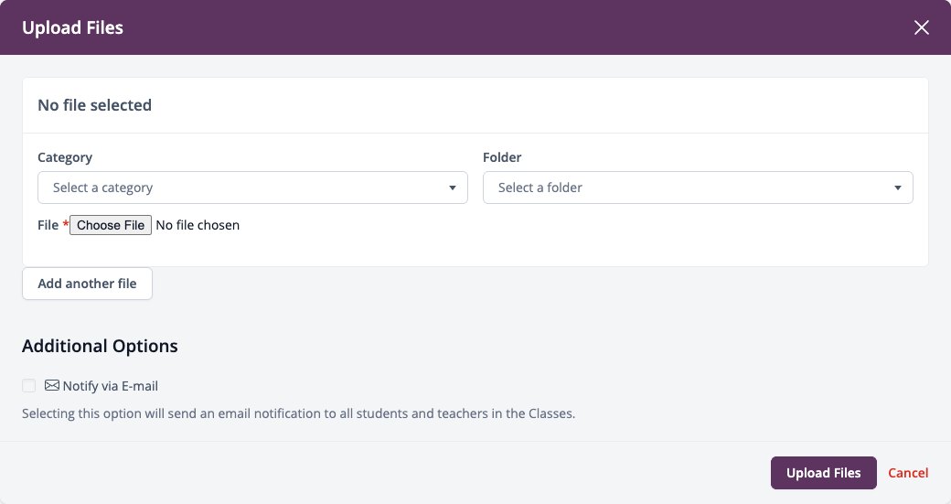 Screenshot: Upload Files window with Category, Folder, File and Notify via E-mail