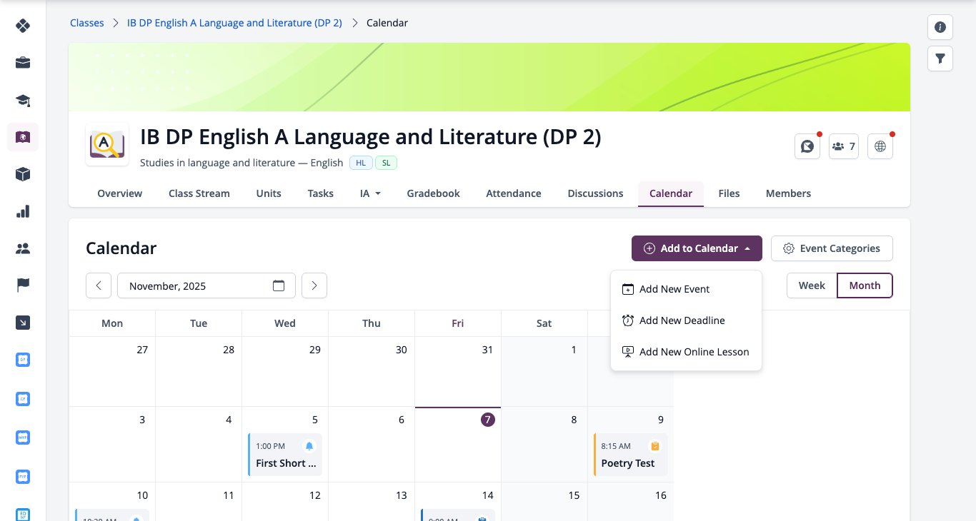 Captura de pantalla: Calendario de clases con el menú "Agregar al calendario"