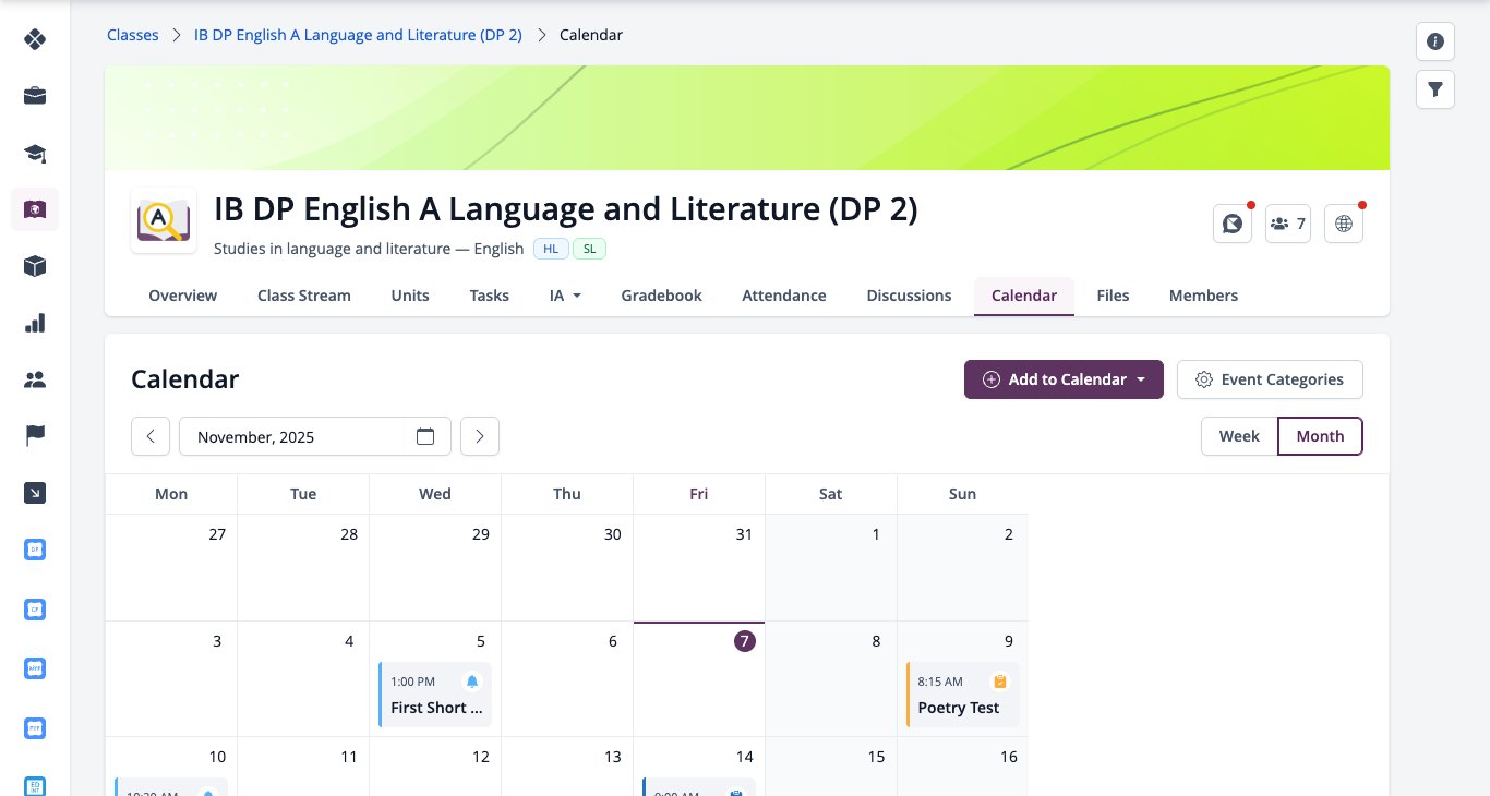 Captura de pantalla: Calendario de clases