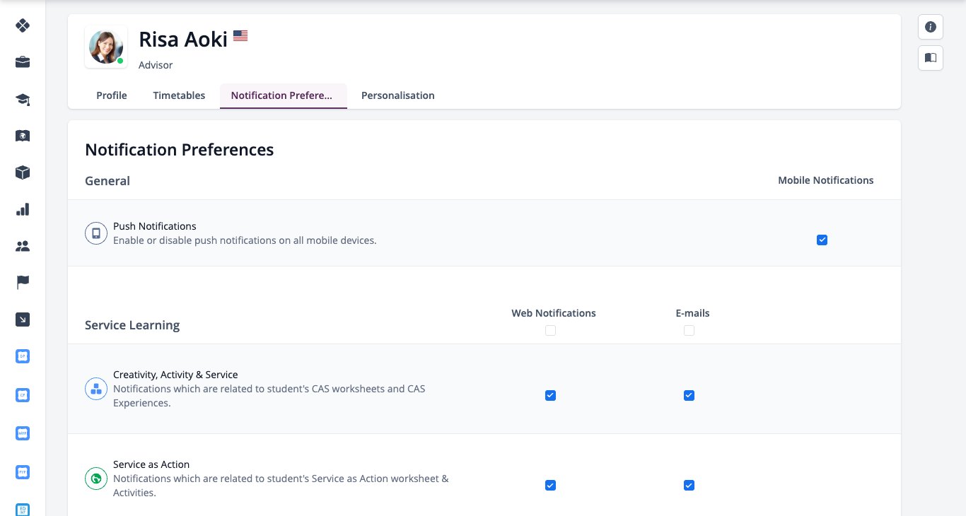 Screenshot: Notification Preferences page with web, email and push notification settings
