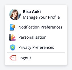 Capture d'écran : Menu Profil avec Gérer votre profil, Préférences de notification, Personnalisation, Préférences de confidentialité et Déconnexion