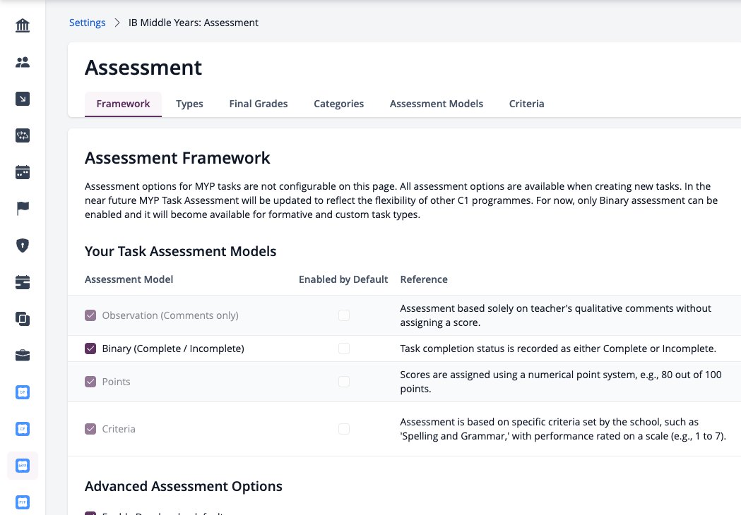Screenshot: Assessment settings with Framework, Types, Final Grades, Categories, Assessment Models and Criteria