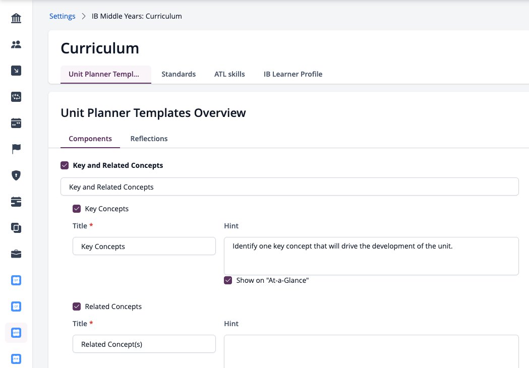 Captura de pantalla: Configuración de la plantilla del planificador de unidades para los años intermedios.