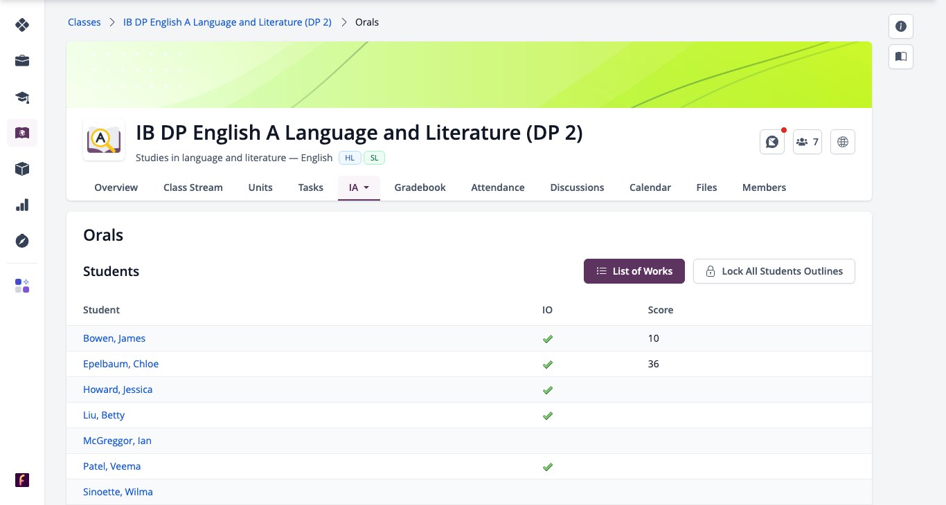 Screenshot: Orals roster with Students and List of Works tabs and Lock All Students Outlines