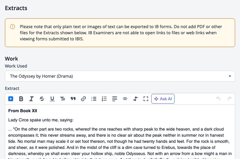 Screenshot: Extracts section with work used and extract