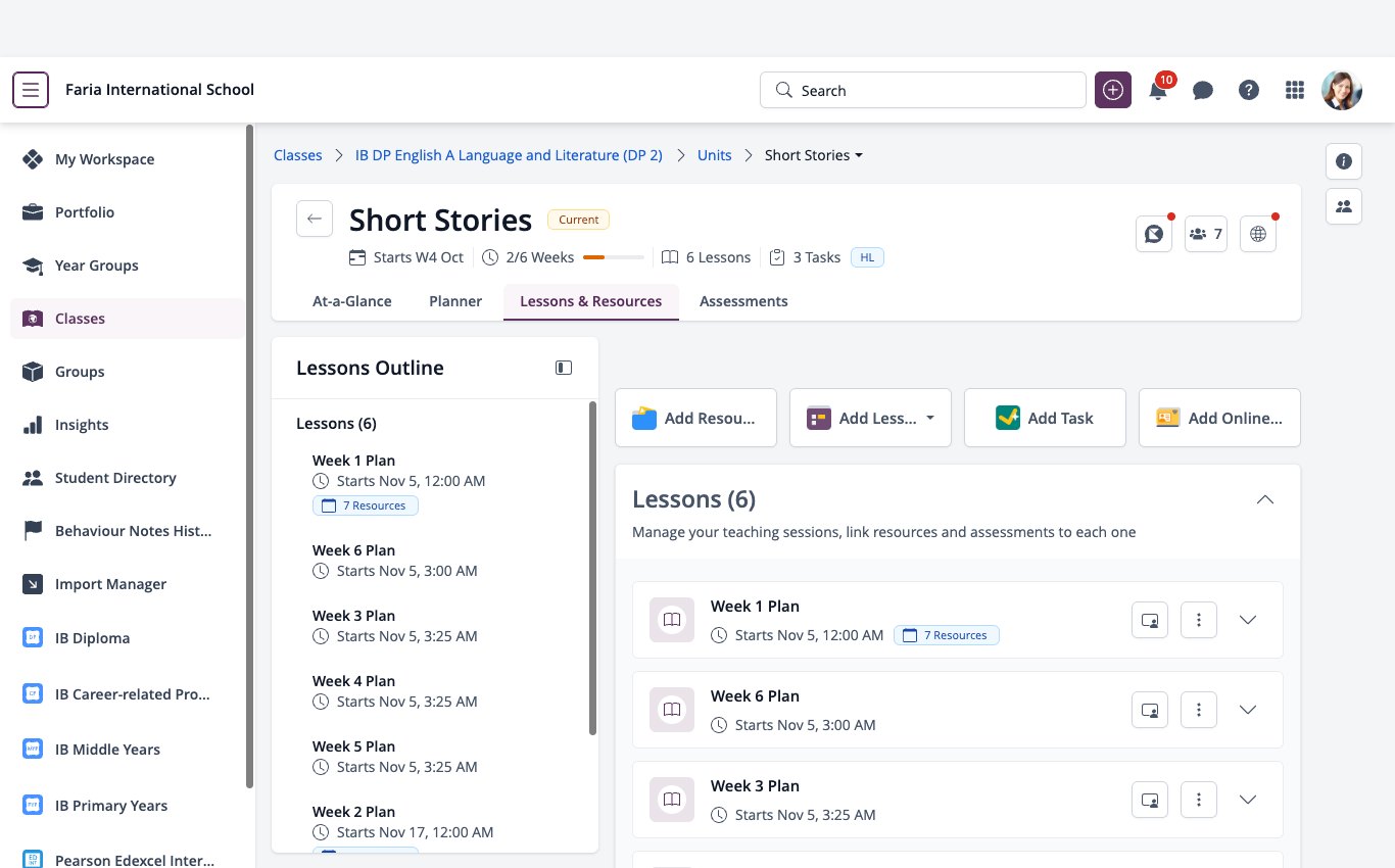 Screenshot: Lessons and Resources tab of a unit with Add Online Lesson
