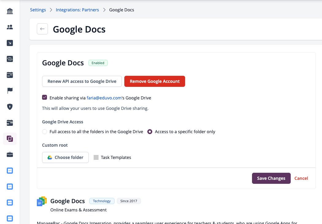 スクリーンショット：Googleドライブへのアクセスオプションとカスタムルートを含むGoogleドキュメントの設定