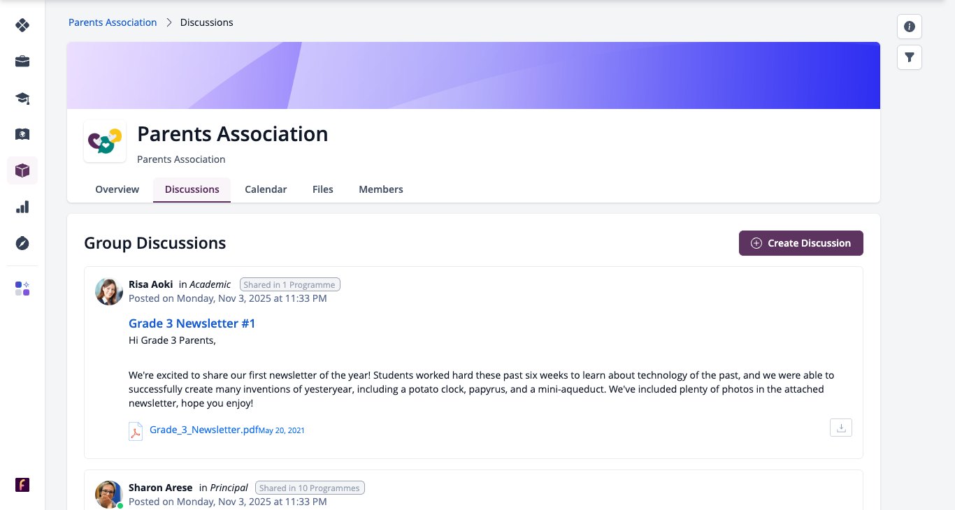 لقطة شاشة: مناقشات جمعية أولياء الأمور باستخدام خاصية إنشاء مناقشة