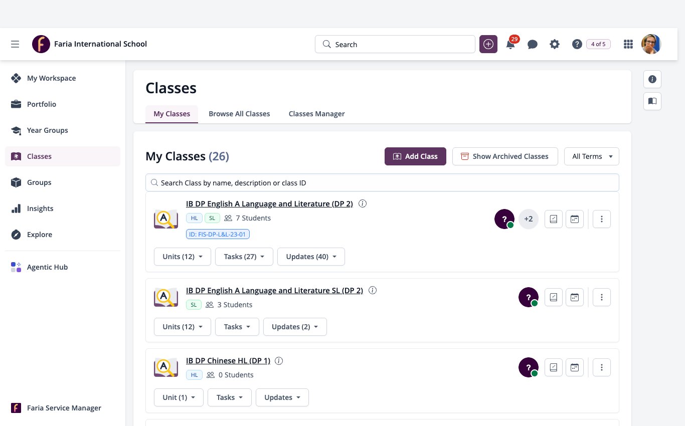 Screenshot: Classes menu open on My Classes with the Add Class button