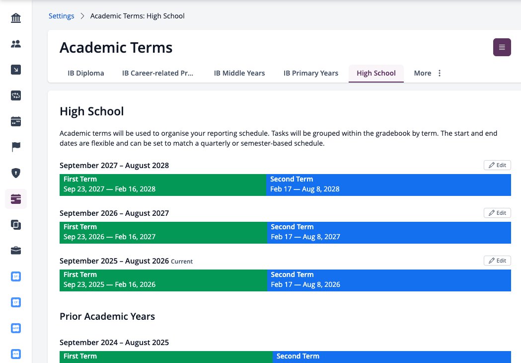 Screenshot: Academic Terms settings on the High School tab with academic years and terms