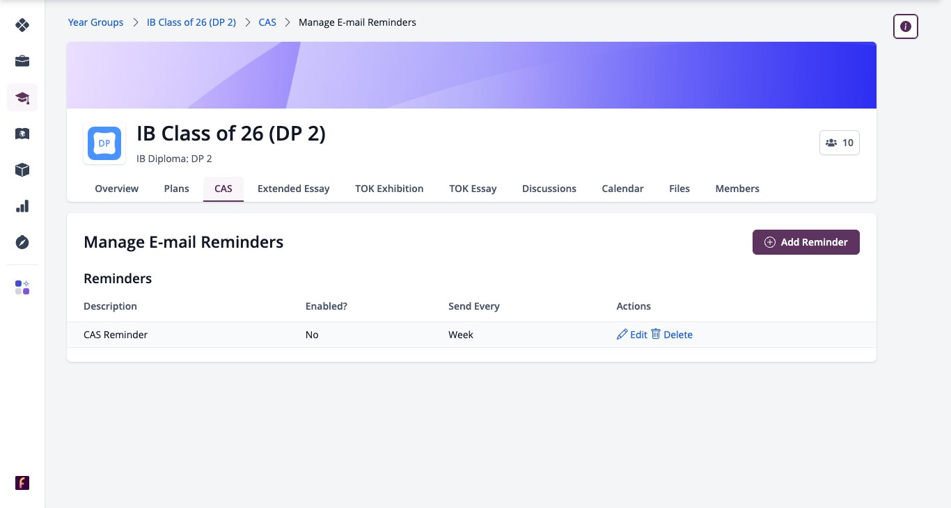 Captura de pantalla: Gestionar la página de recordatorios por correo electrónico para un grupo de un año.
