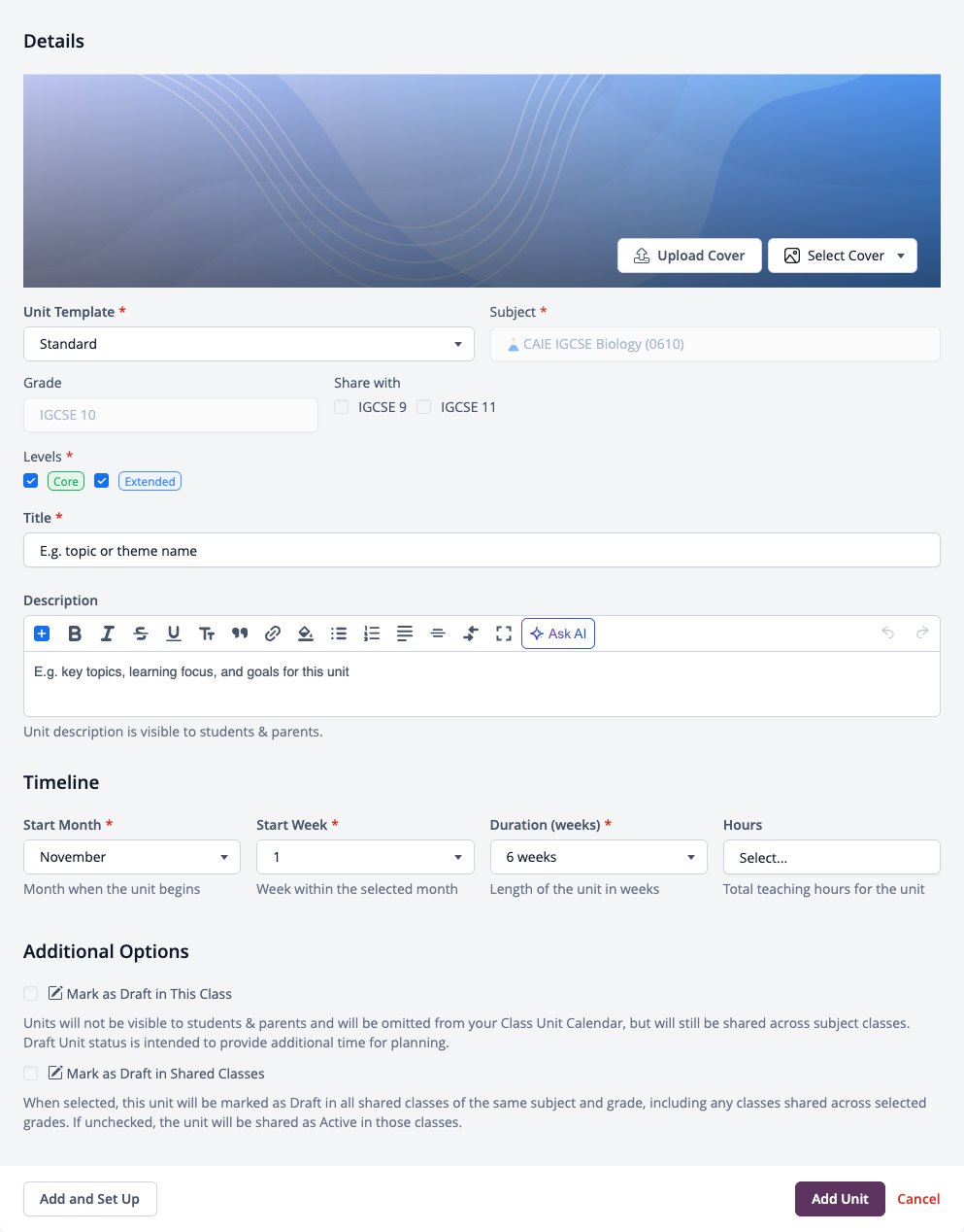 Screenshot: Add Unit form with template, subject, sharing, levels, title, description and timeline