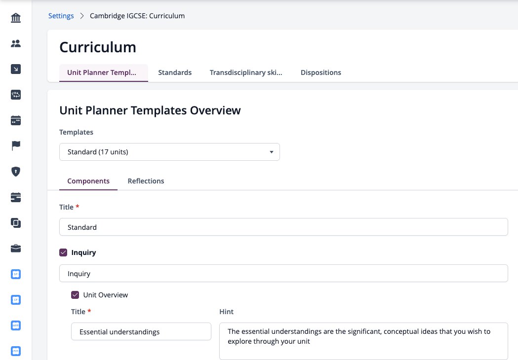 Captura de pantalla: Configuración del plan de estudios IGCSE de Cambridge, pestaña Plantillas del planificador de unidades