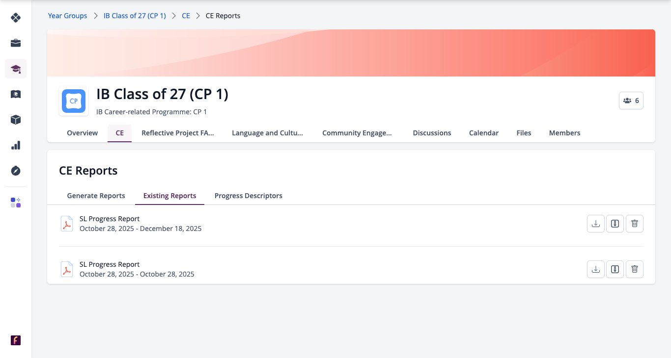 Screenshot: CE Reports, Existing Reports tab with download and delete options