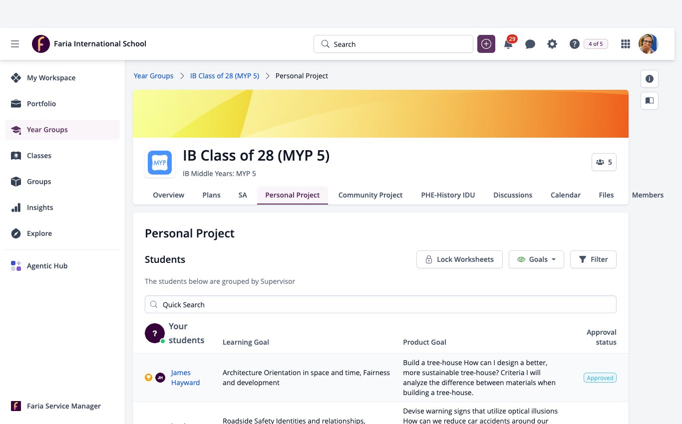Screenshot: Year Groups menu open on an MYP 5 year group, Personal Project tab