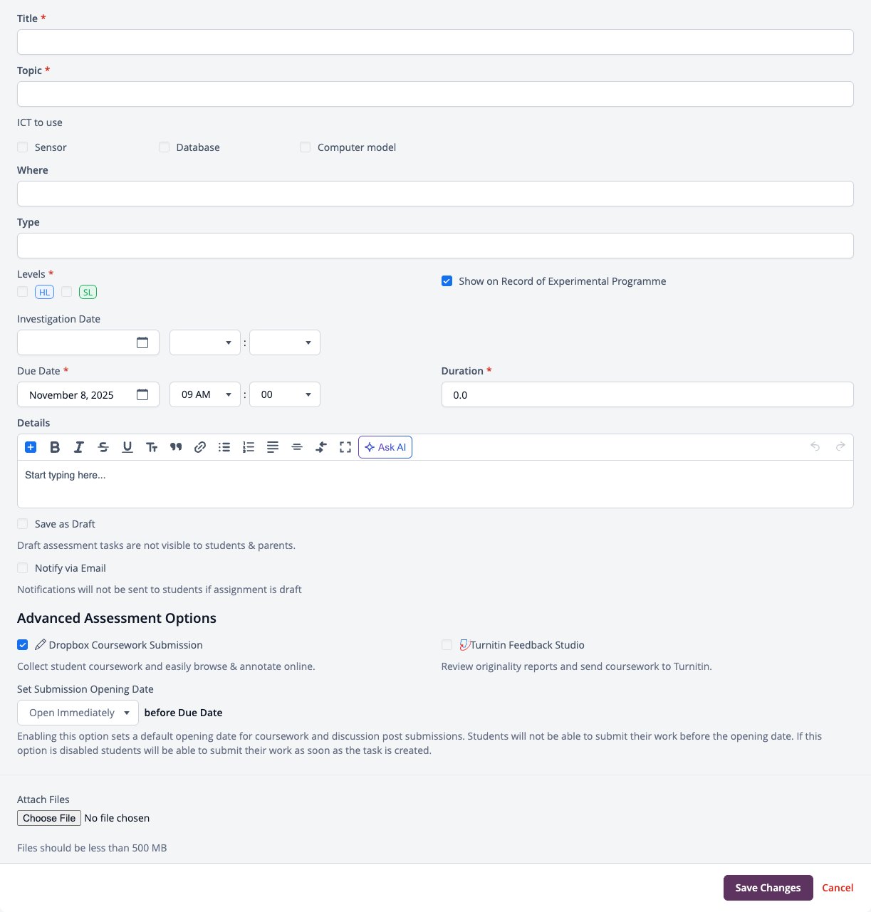 Screenshot: Add Labs form with title, topic, levels, dates, dropbox and Turnitin options