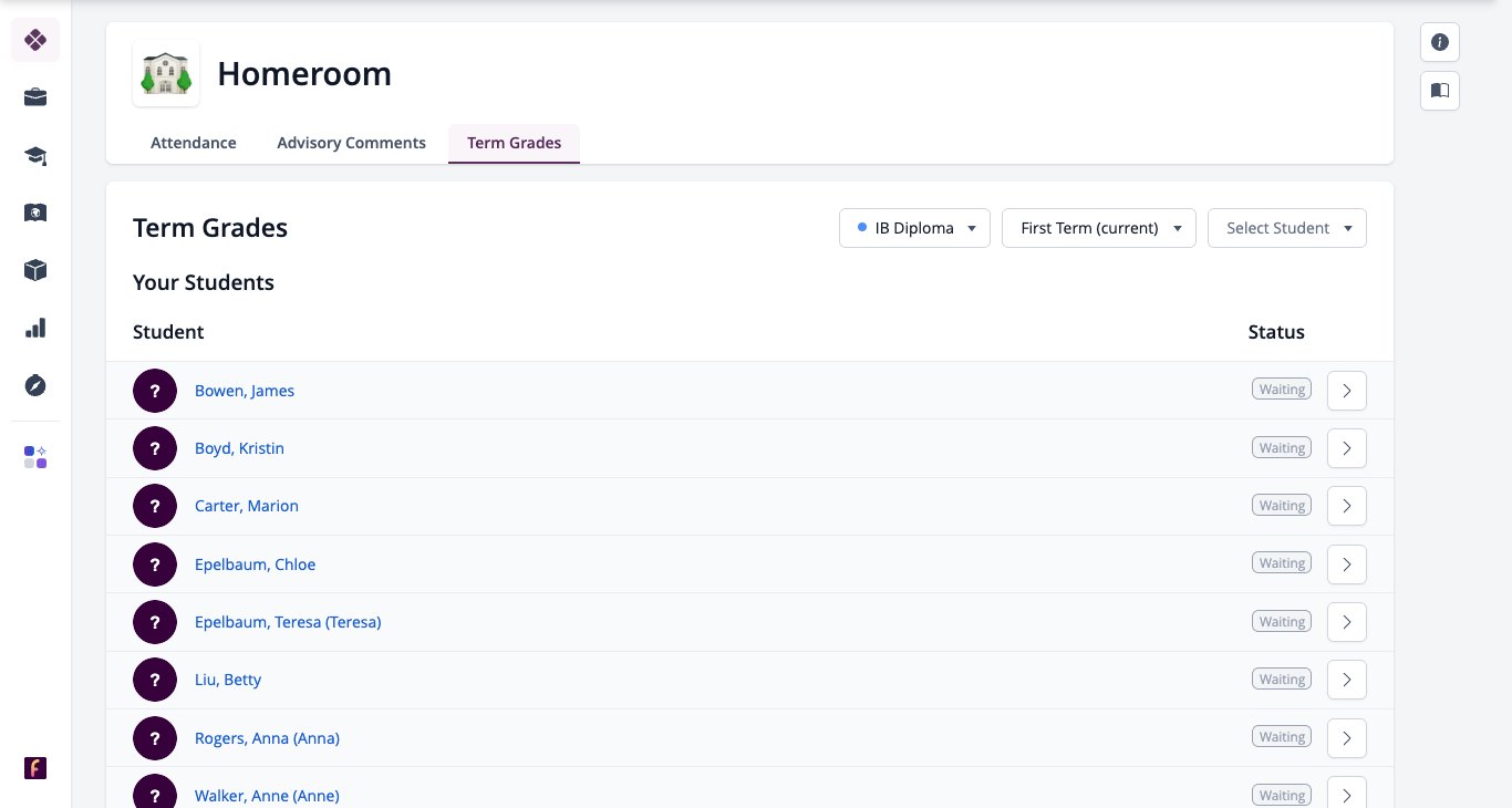 Ekran görüntüsü: Program ve dönem filtreleri içeren Sınıf Dönem Notları sekmesi