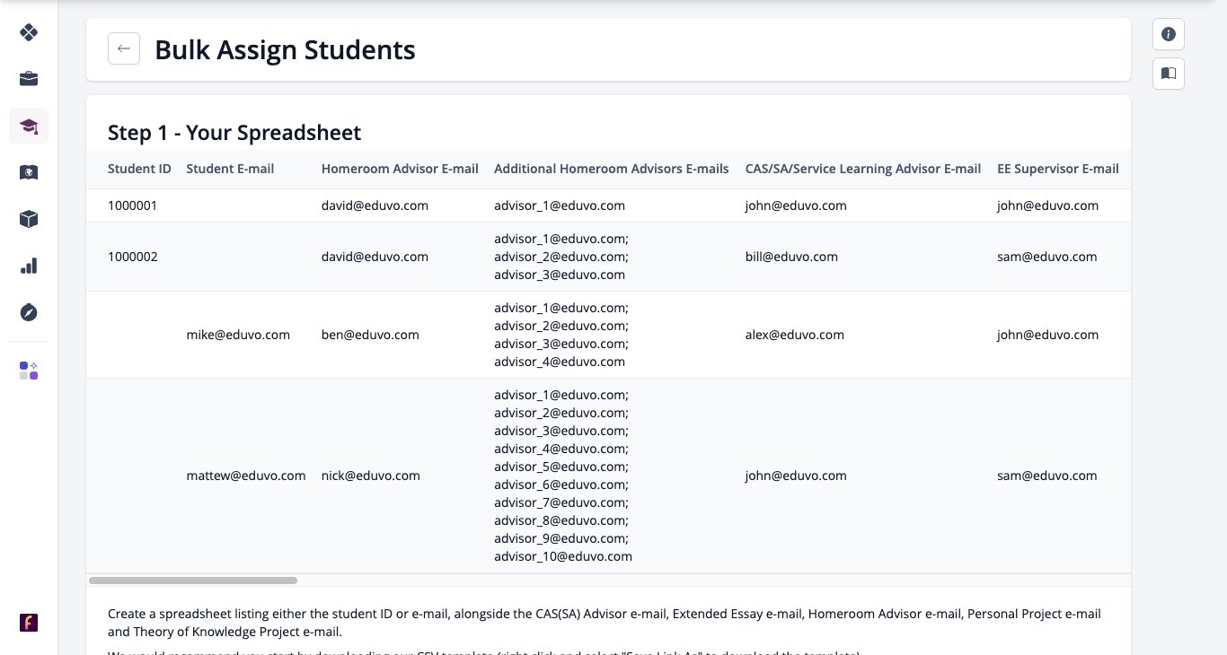 屏幕截图：批量分配学生页面，包含电子表格列和上传功能