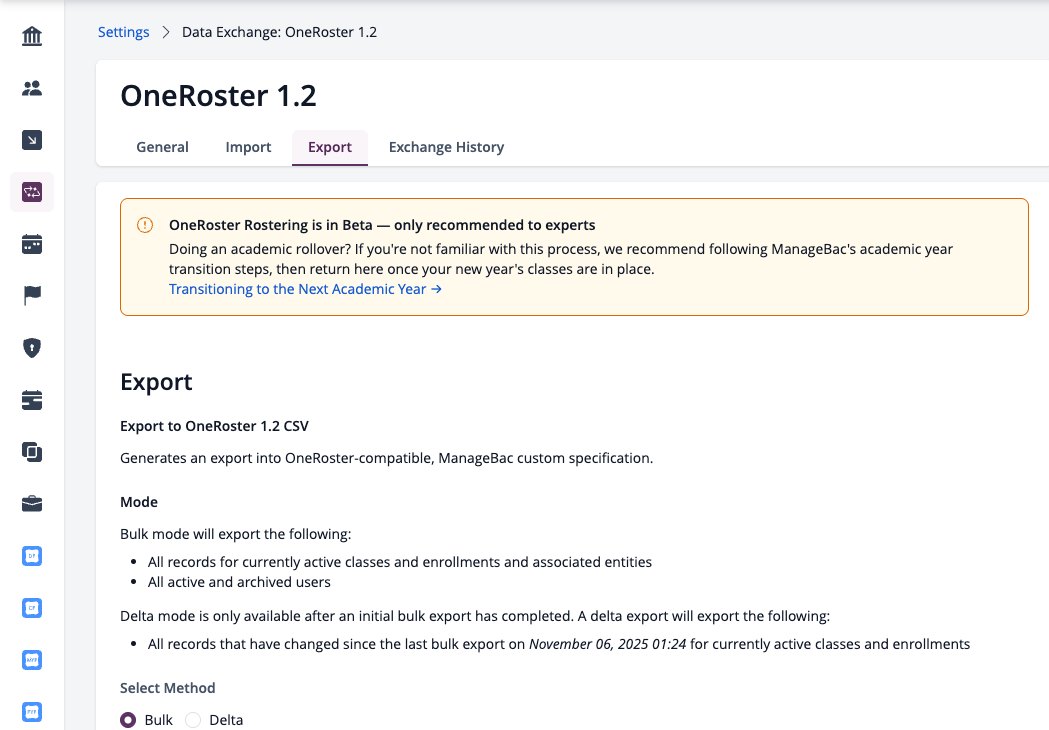 Capture d'écran : Onglet Exporter de OneRoster 1.2 avec les modes Bulk et Delta, puis lancer l'exportation.