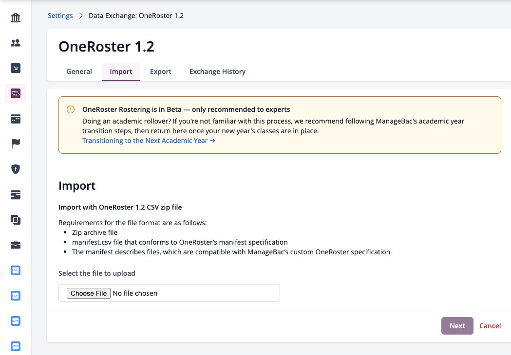 Captura de pantalla: Pestaña Importar de OneRoster 1.2 con requisitos de archivo y carga