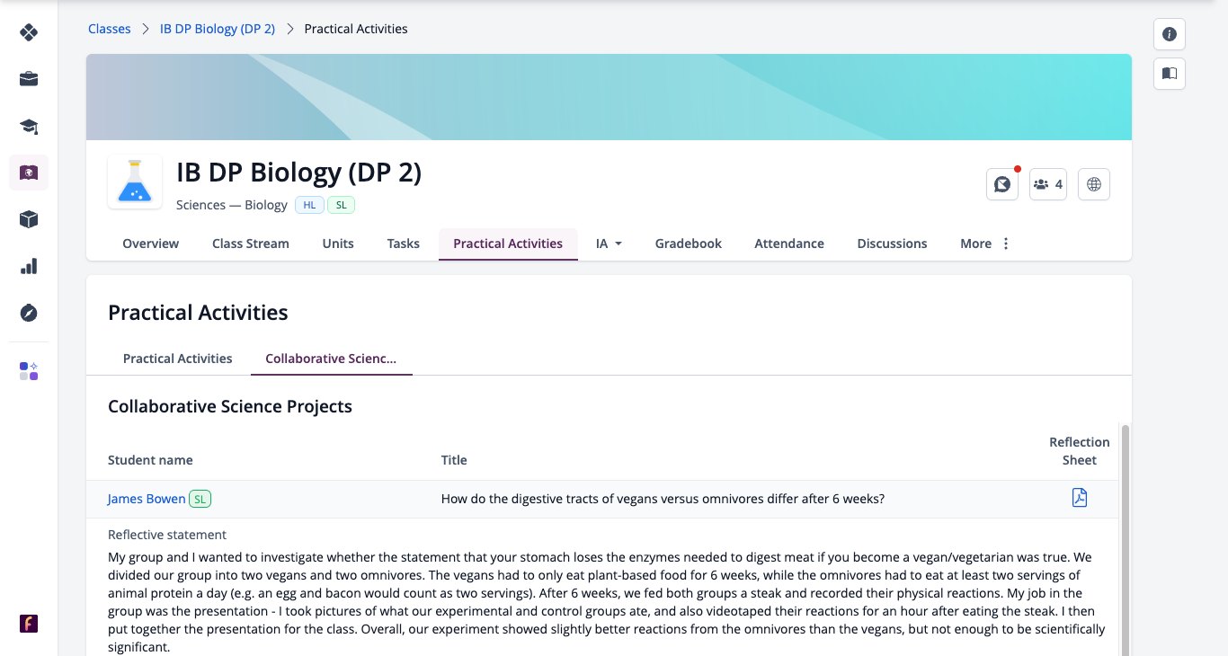 Captura de pantalla: Proyectos científicos colaborativos con los títulos de los estudiantes y declaraciones reflexivas.