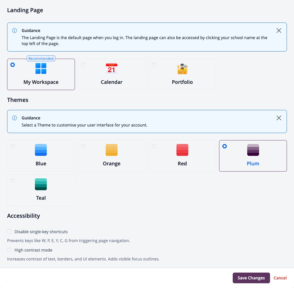 Capture d'écran : Personnalisation avec les options de page d'accueil, de thèmes et d'accessibilité