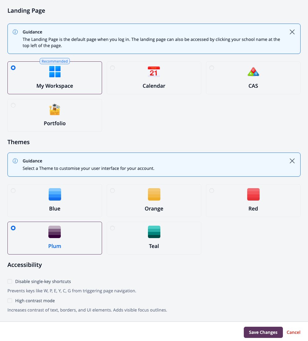 Capture d'écran : Personnalisation avec les options de page d'accueil, de thèmes et d'accessibilité