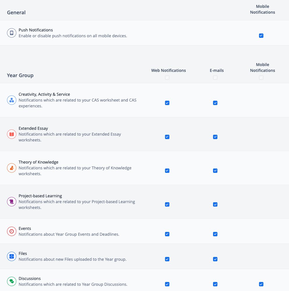 Capture d'écran : Préférences de notification avec les colonnes Notifications Web, E-mails et Notifications mobiles