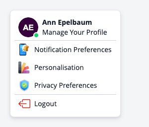 Captura de pantalla: menú de perfil con Gestionar tu perfil, Preferencias de notificaciones, Personalización, Preferencias de privacidad y Cerrar sesión.