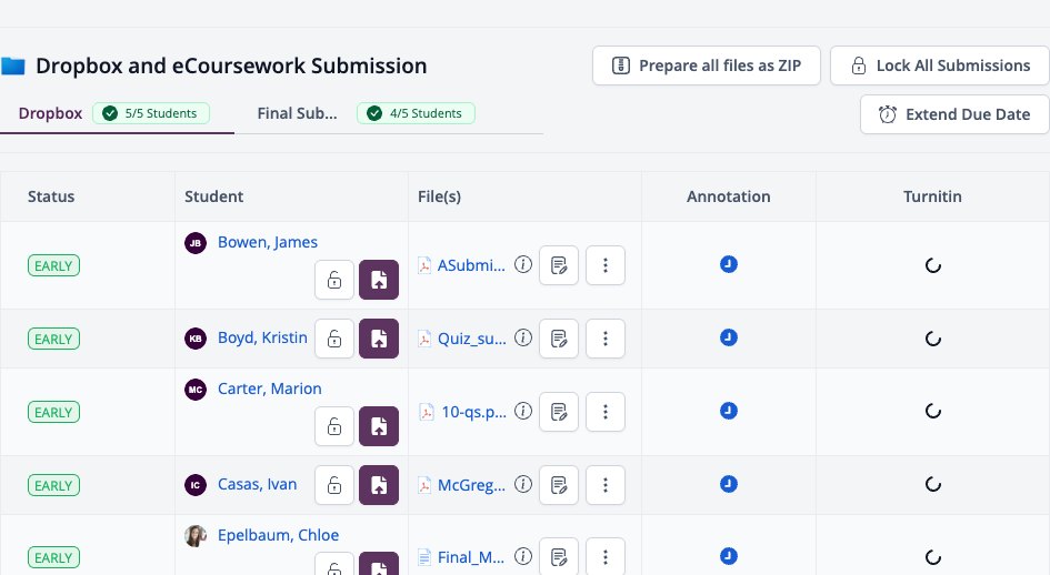 Screenshot: Dropbox and eCoursework Submission with student status, files, annotation and Turnitin columns