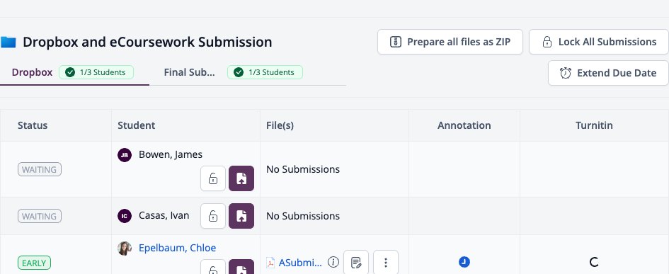 스크린샷: 학생 상태, 파일, 주석 및 Turnitin 열을 포함하는 Dropbox 및 온라인 과제 제출 화면