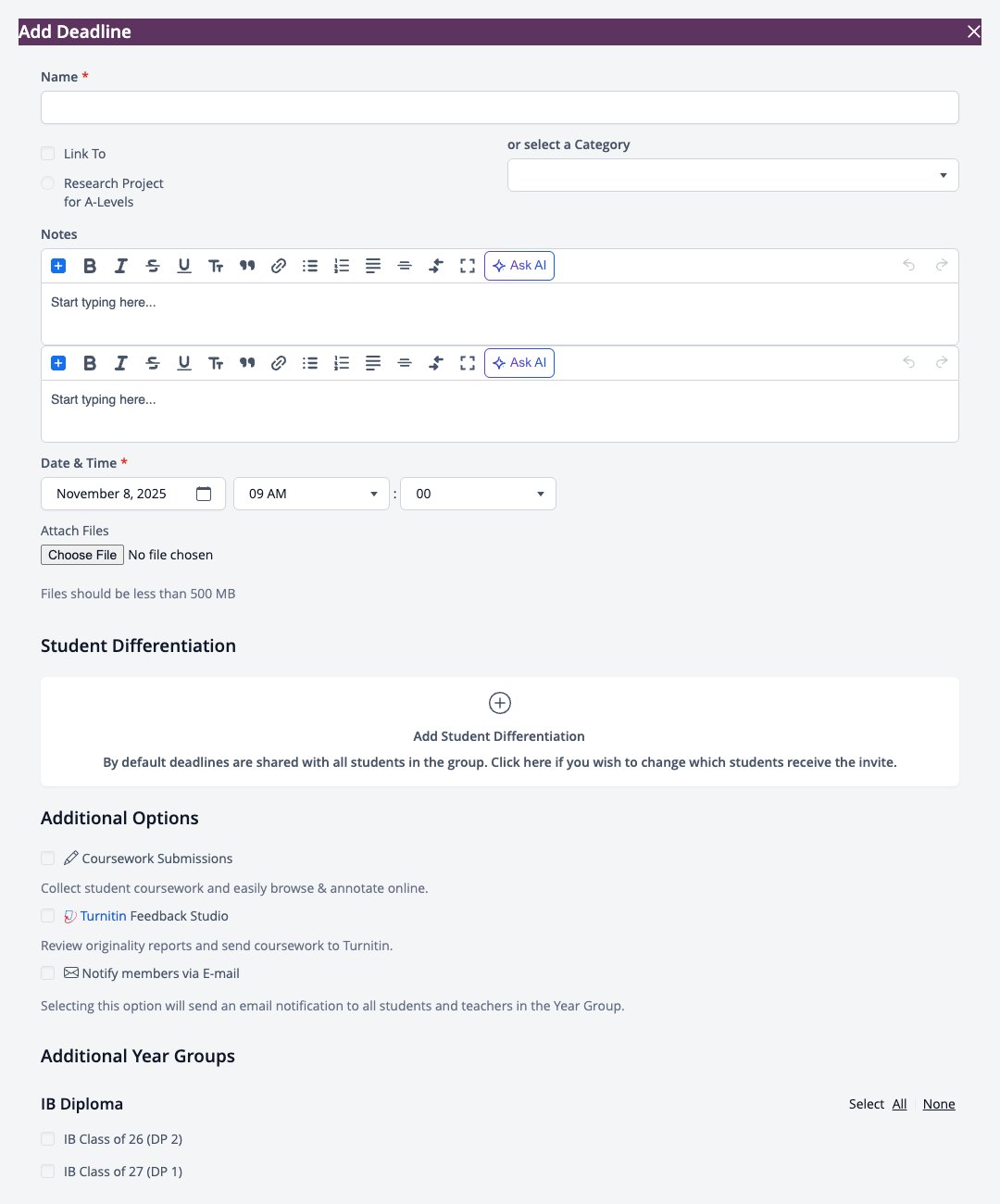 Screenshot: Add Deadline form with Link To, Date and Time, Student Differentiation and Additional Options