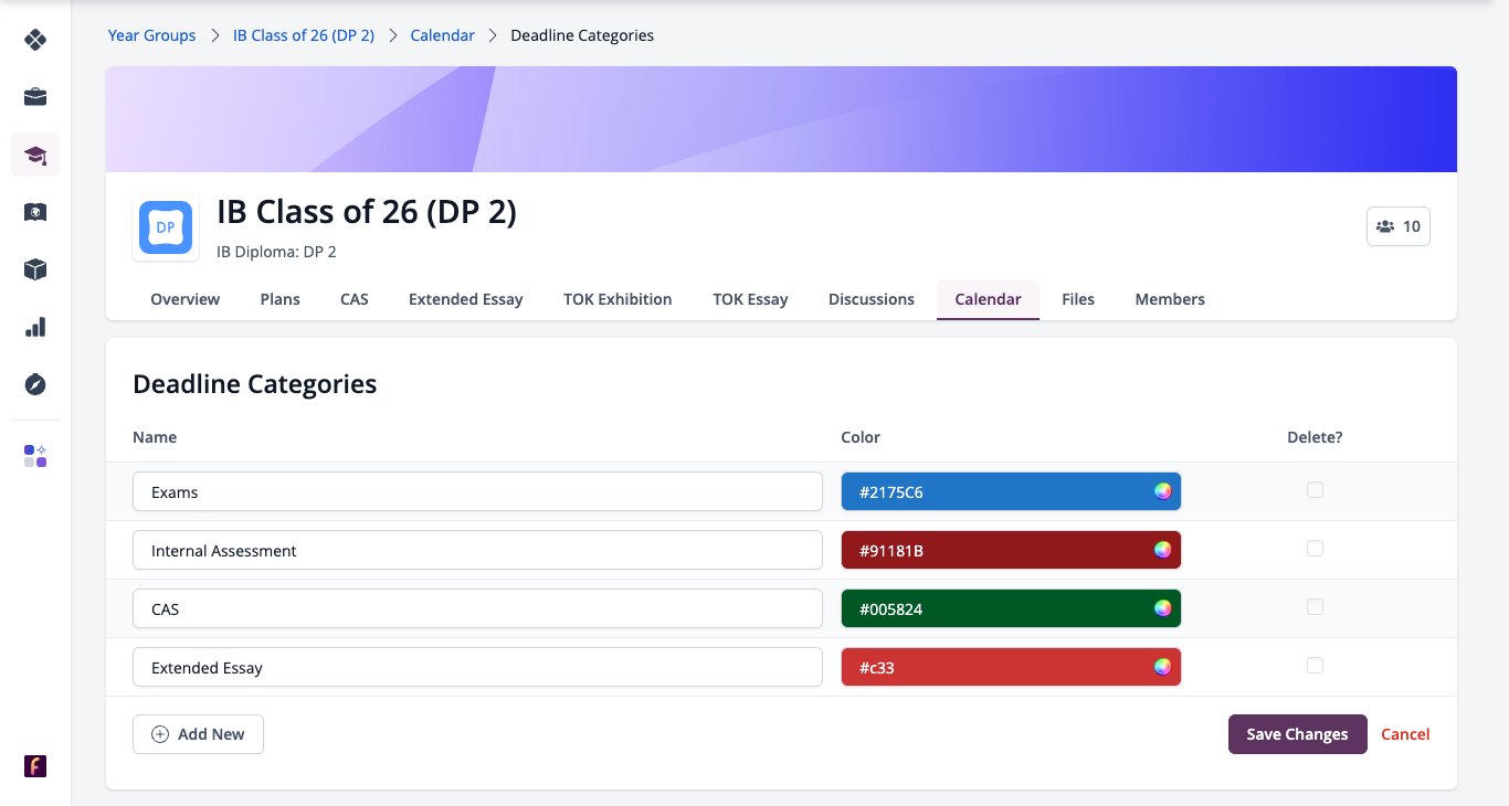 Captura de pantalla: Categorías de Deadline con nombre, color, Eliminar, Agregar nuevo y Guardar cambios