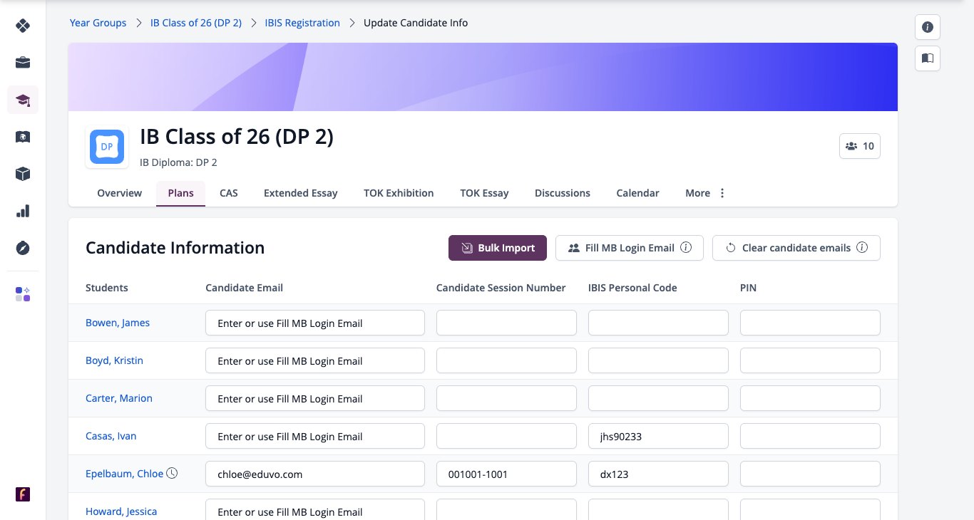 Screenshot: Candidate Information page with Candidate Email, Candidate Session Number, IBIS Personal Code and PIN for each student