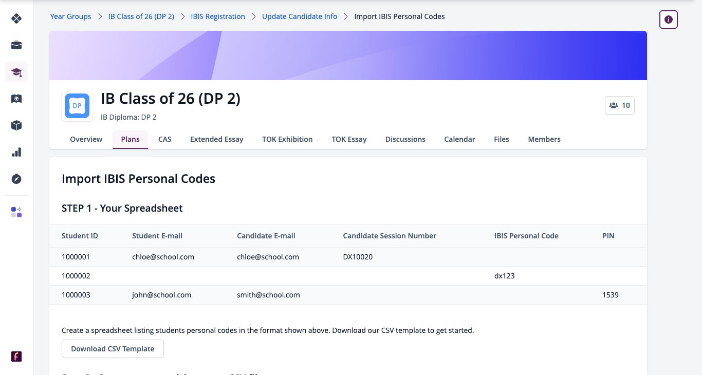Screenshot: Import IBIS Personal Codes page with the example spreadsheet and Download CSV Template