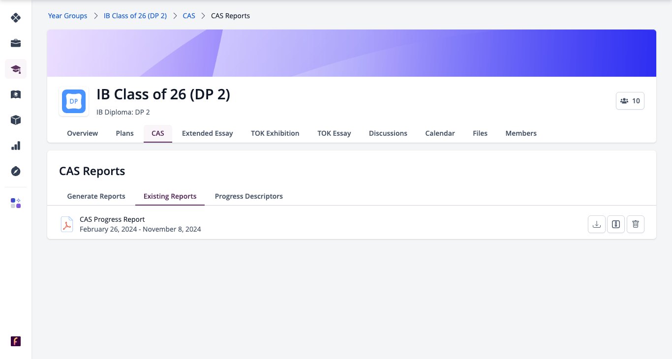 スクリーンショット：CAS進捗レポートとそのダウンロード、ZIP圧縮、削除アイコンが表示された「既存レポート」タブ