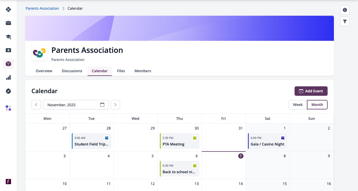 Screenshot: Parents Association Calendar with Add Event