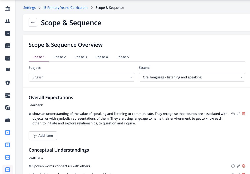 Screenshot: Scope and Sequence settings for IB Primary Years with phases, subject and strand