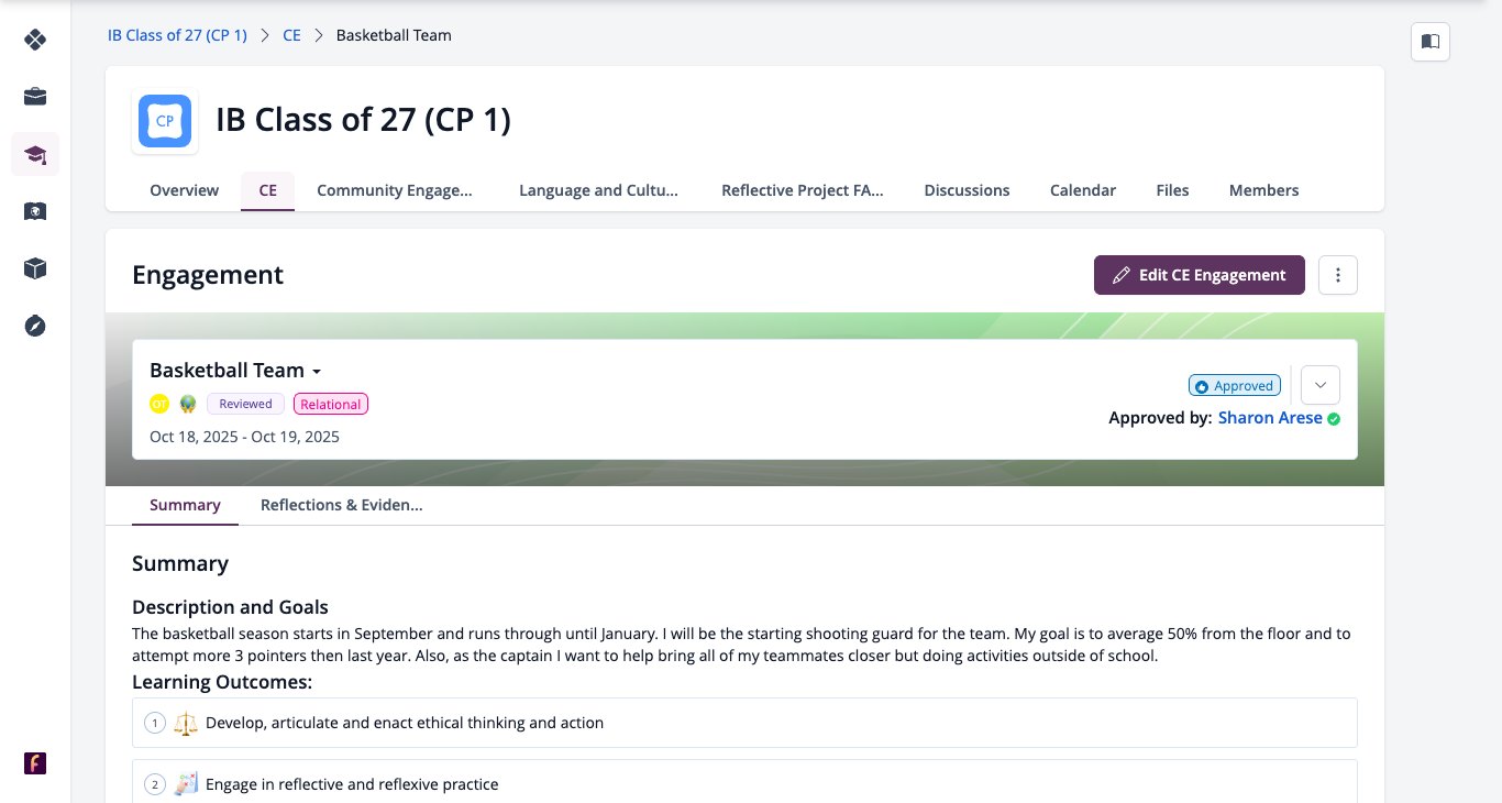 Screenshot: an approved engagement with Edit CE Engagement at the top right and the Summary and Reflections & Evidence tabs