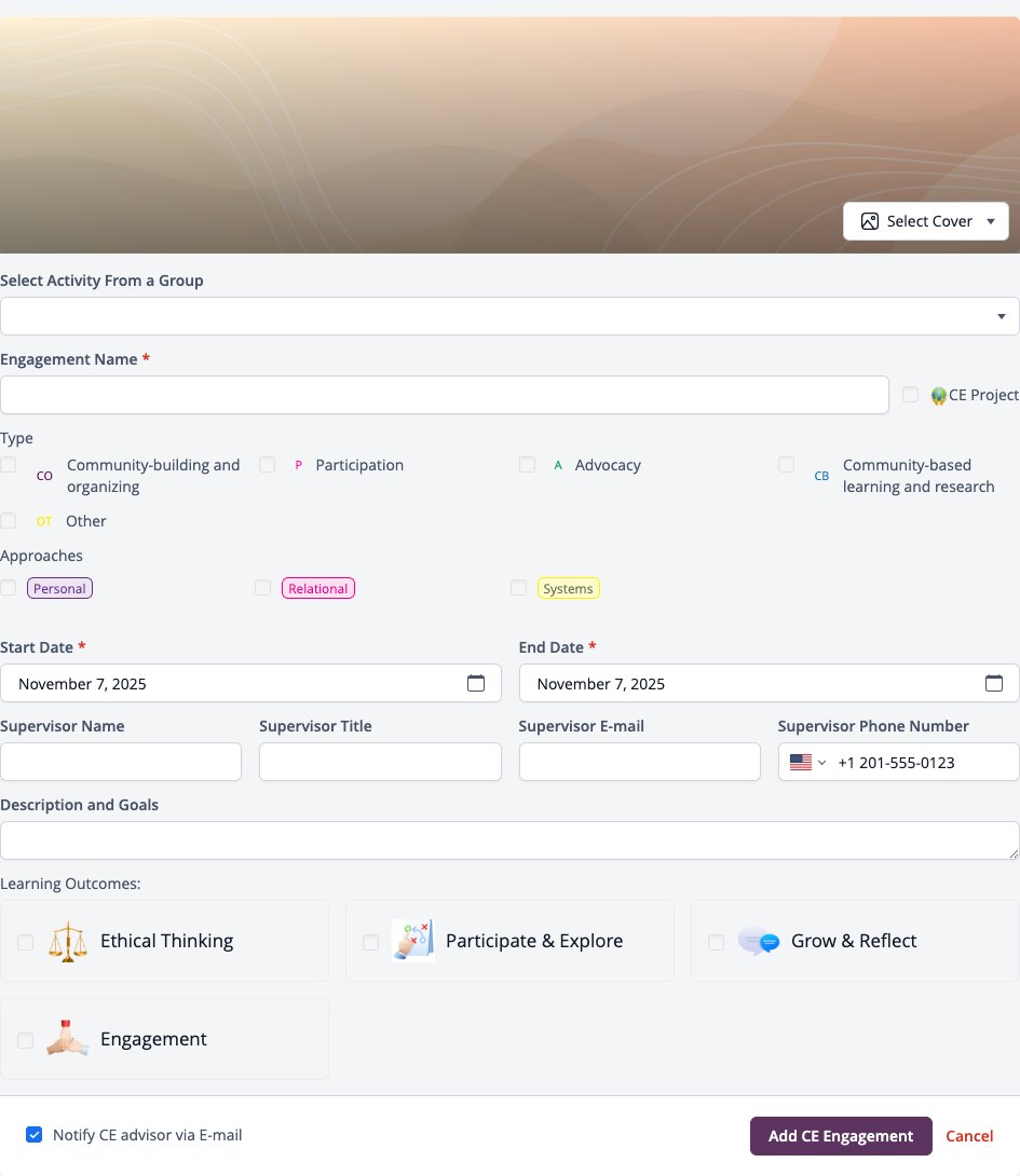 Screenshot: Add CE Engagement form with cover, engagement name, type, approaches, dates, supervisor details and learning outcomes
