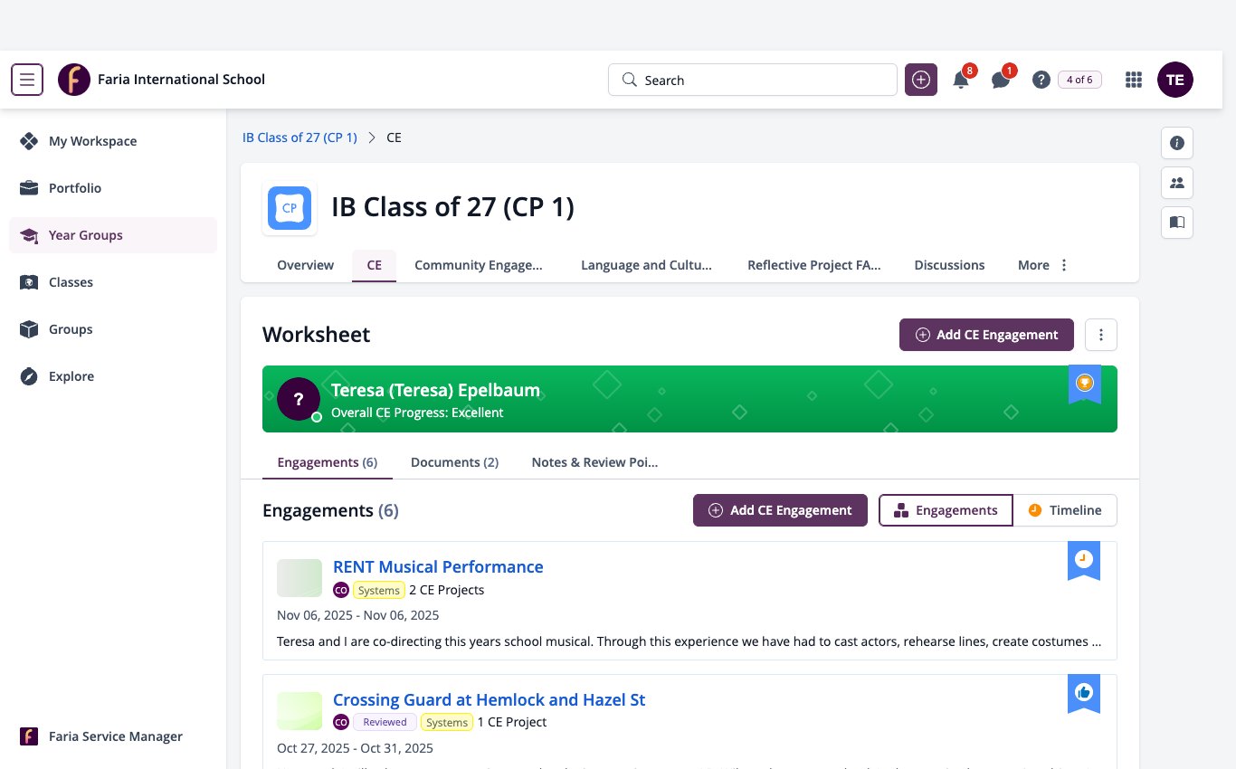 Screenshot: Community Engagement worksheet on the CE tab of a CP year group, with Add CE Engagement at the top right