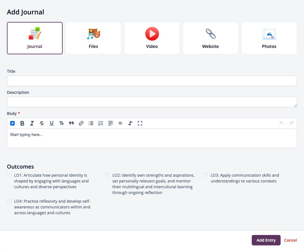 Captura de pantalla: Agregar formulario de diario con mosaicos de texto, título, descripción, cuerpo y resultados de aprendizaje.