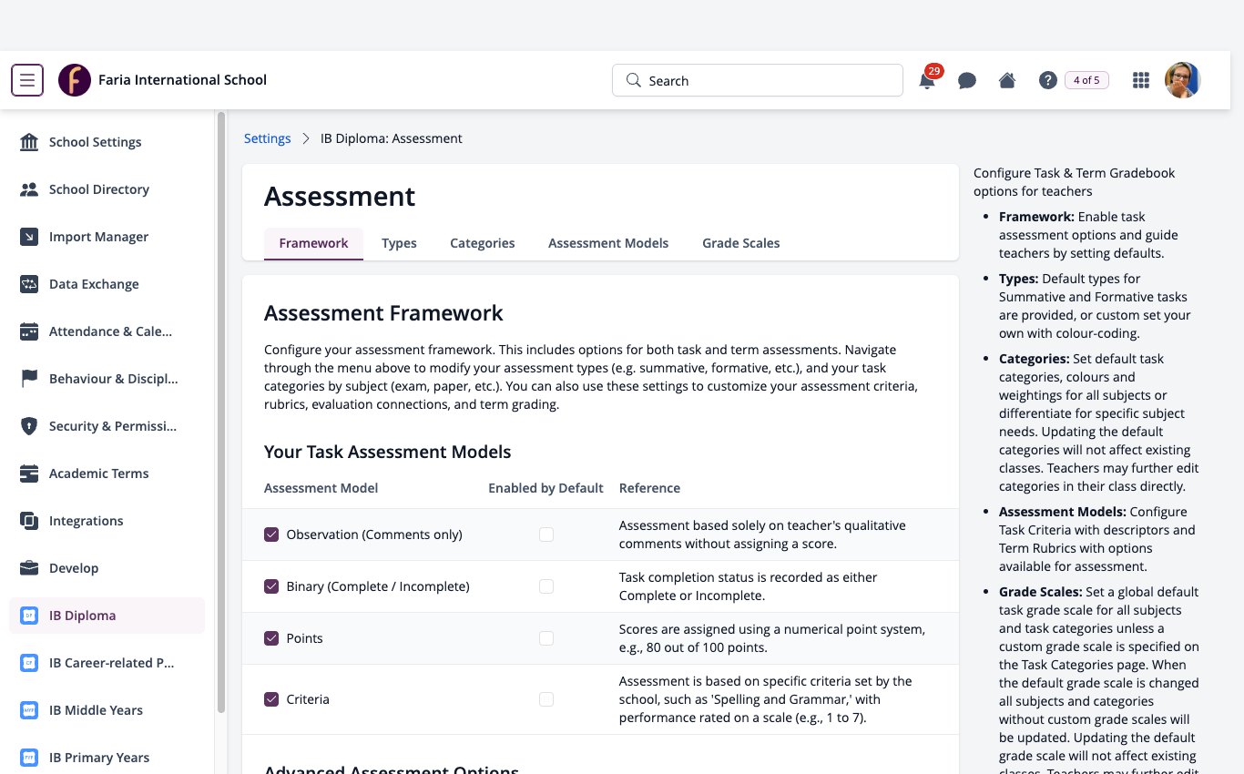Screenshot: IB Diploma Assessment settings on the Framework tab, with the Settings menu open