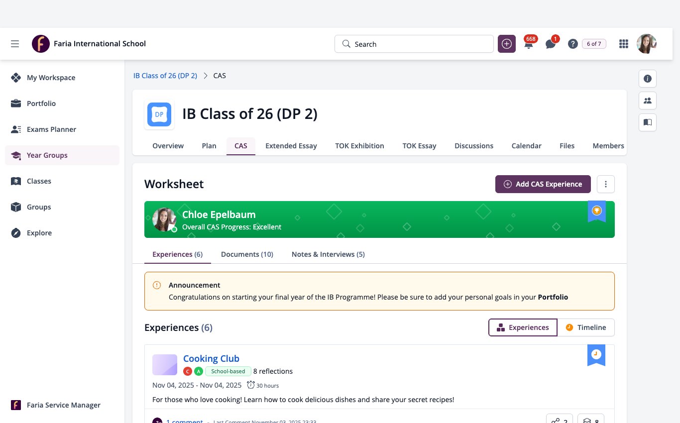 Captura de pantalla: hoja de trabajo CAS del estudiante en la pestaña CAS de un grupo de un año del Programa del Diploma (PD), con Experiencias, Documentos y Notas y Entrevistas.