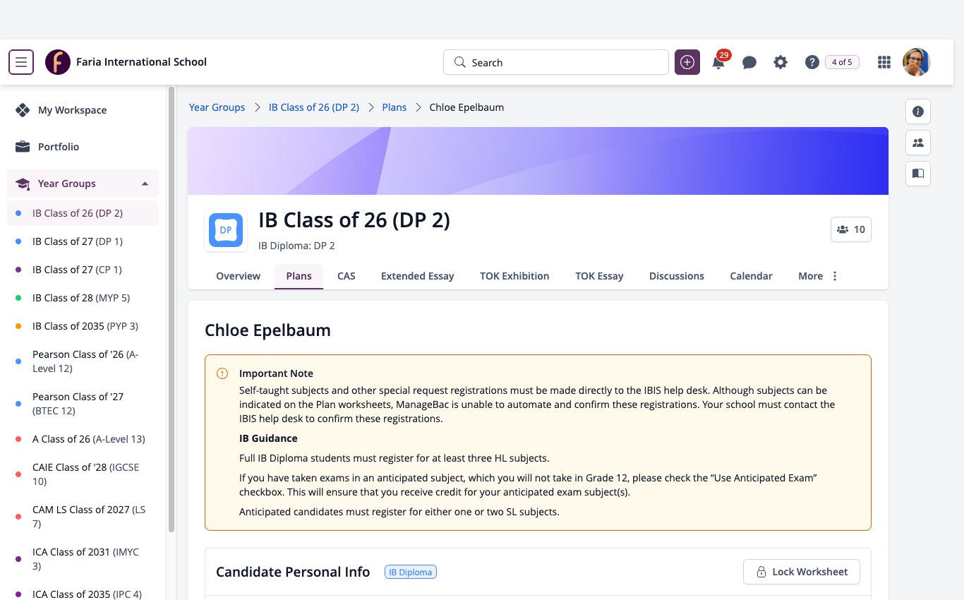 Captura de pantalla: Hoja de trabajo del Plan de un estudiante abierta desde la pestaña Planes del grupo de años del DP.