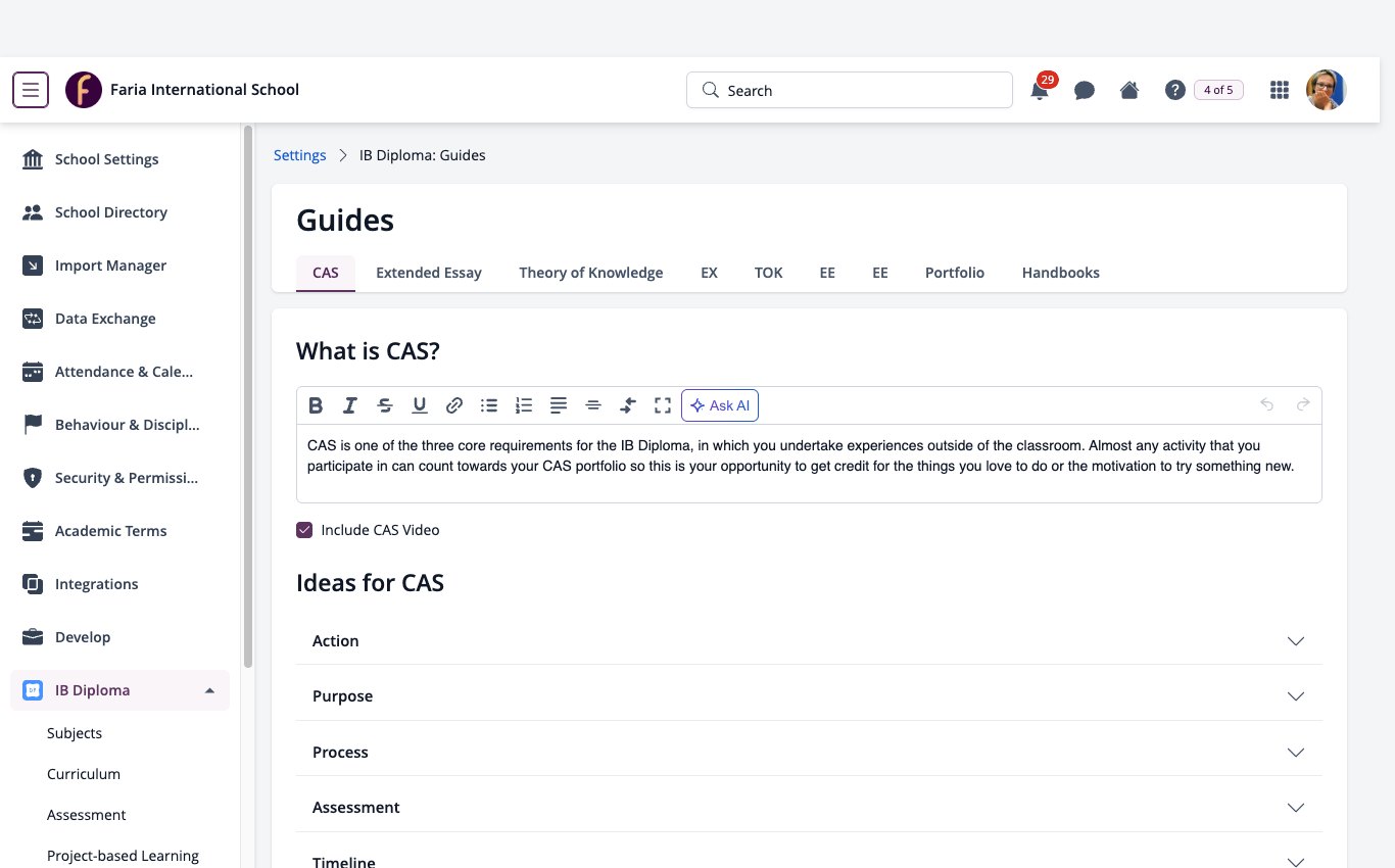 スクリーンショット：IBディプロマガイドのCASタブの設定画面。「CASとは？」「CASビデオを含める」「CASのアイデア」の各セクションが表示されている。