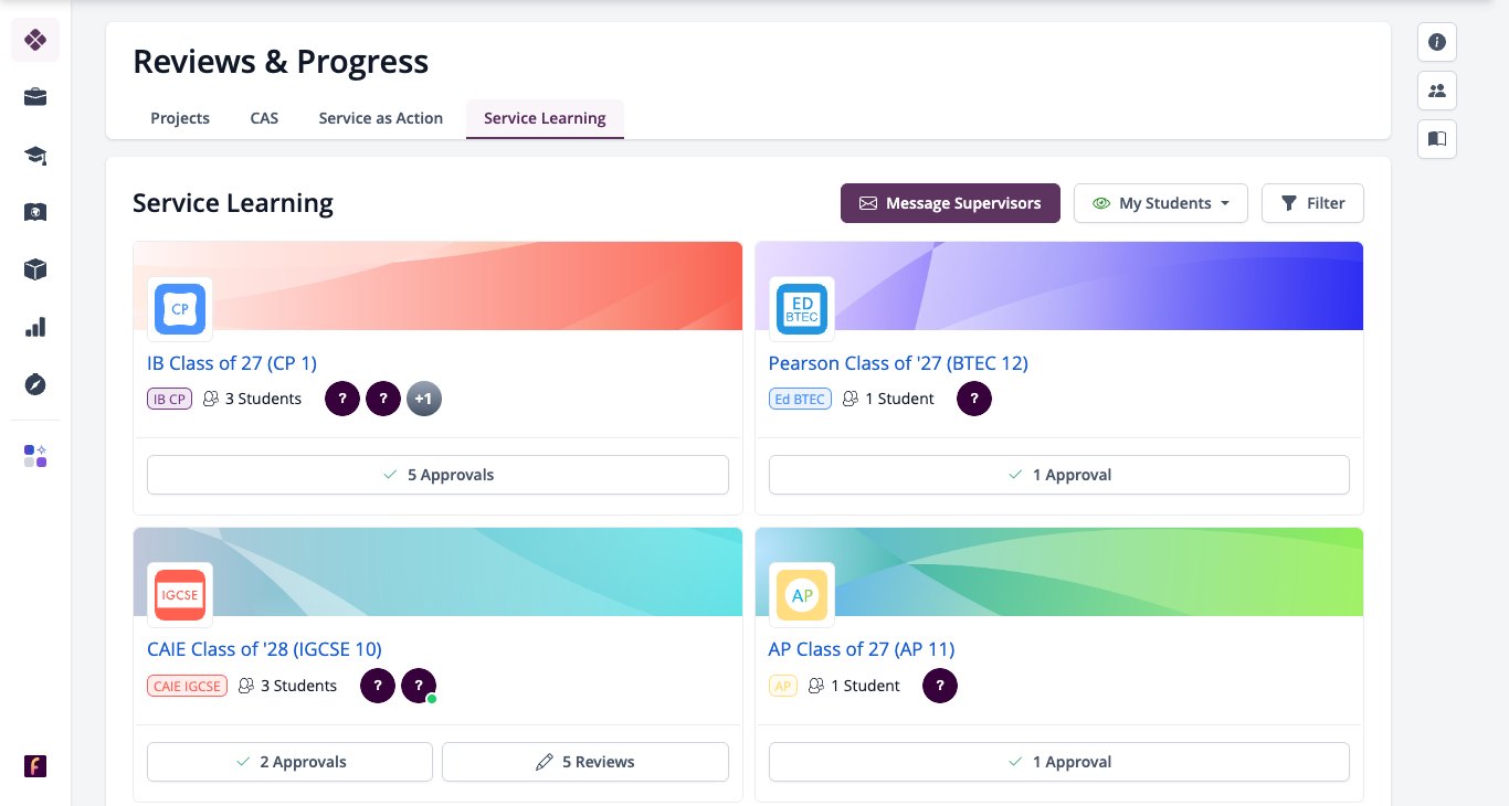 Screenshot: Reviews & Progress on the Service Learning tab with approvals and reviews by year group