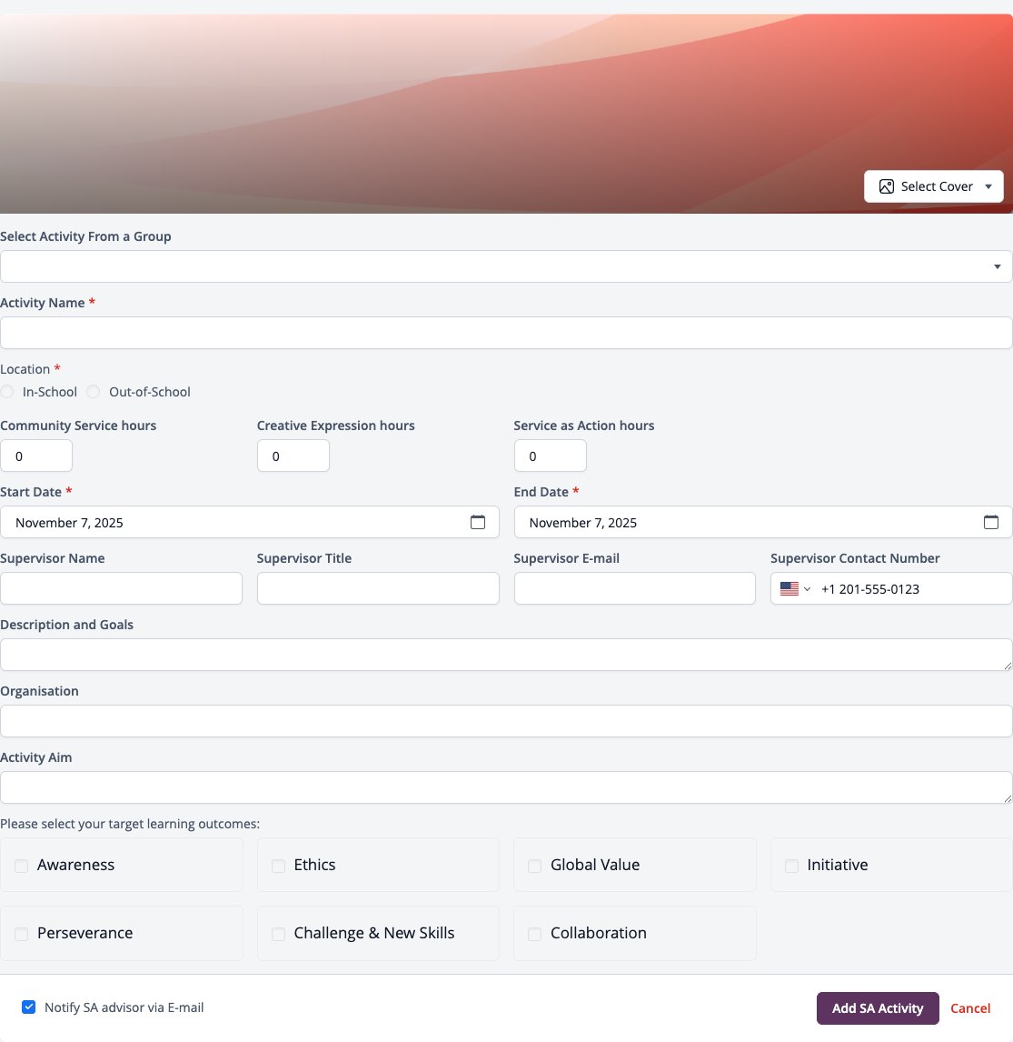 Screenshot: Add SA Activity form with cover, activity name, location, hours, dates, supervisor, organisation, activity aim and learning outcomes
